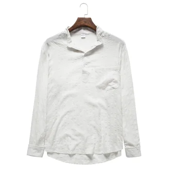 Модные осенние мужские рубашки из хлопка и льна 2021, винтажные однотонные рубашки Henley со стоячим воротником, повседневные рубашки с длинным рукавом