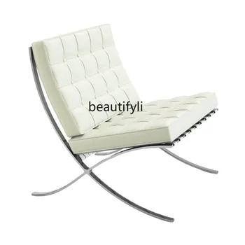 Скандинавское кресло из белой кожи средней древности, кресло для отдыха с односпальным диваном из нержавеющей стали