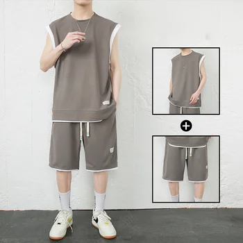 2023 Новая футболка без рукавов, мужской летний комплект, Корейский модный бренд, повседневный спортивный комплект Ice Silk
