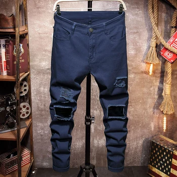 2023 Новые джинсы из денима, мужские Маленькие ножки, колено с большой дырой, испорченные мужские повседневные длинные брюки, мужские брюки Tide