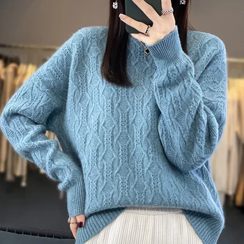 2023 Осень Зима Новый 100% шерстяной свитер Модный женский однотонный пуловер с круглым вырезом, женский свободный вязаный джемпер большого размера