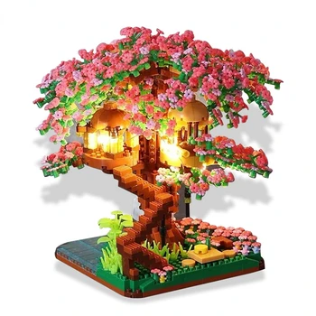 2138 шт. Мини-домик на дереве Сакура с легкими строительными блоками, украшение из серии Cheer Flower City Street View, подарок для девочки