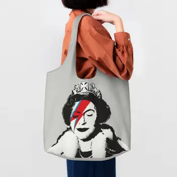 Banksy UK Queen Elizabeth Rockband Face Makeup, сумки для покупок, портативная холщовая сумка для покупок, уличное искусство, граффити
