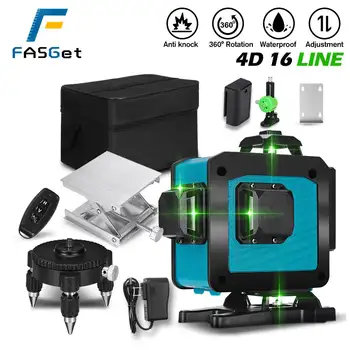 FASGet 16 линий, 4D лазерный уровень, самовыравнивающийся, 360 горизонтальных и вертикальных перекрестий, супер мощный лазерный луч зеленого цвета, линейный лазерный уровень