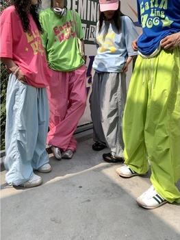 HOUZHOU Y2k Розовые Широкие брюки-парашют, женские повседневные джоггеры оверсайз, Корейская уличная одежда в стиле харадзюку, Мешковатые Спортивные брюки