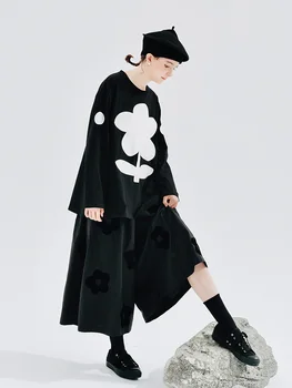 IMAKOKONI оригинальный дизайн черные свободные широкие брюки в цветочек с эластичным поясом и однотонной юбкой женские 234234