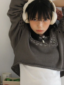 QWEEK Harajuku Винтажный укороченный свитер Женский Японский стиль Ретро Выдалбливают Вязаный джемпер Y2K Корейский Модный пуловер Топы