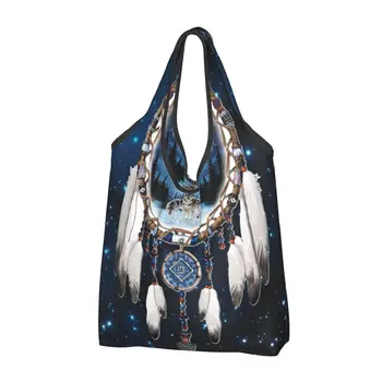 Wolf Indian Dream Catcher Женская повседневная сумка для покупок через плечо Сумка-тоут большой емкости Портативная сумка для хранения Складные сумки