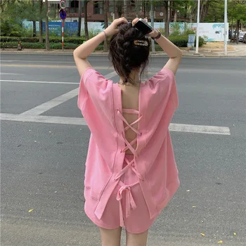 Women Sets T-shirts Bandage Solid V-neck Short-sleeve Loose Korean Style Fashion Shorts Summer All-match Шорты Женские Летние