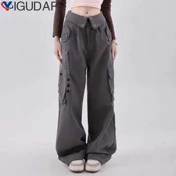 Y2K, винтажные однотонные женские Мешковатые повседневные брюки-карго, дизайн с несколькими карманами, закатанный подол, Женские прямые брюки, шикарная уличная одежда