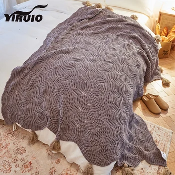 YIRUIO Роскошное Дышащее одеяло из кабельной вязки, Домашние Декоративные кисточки, Синельное Вязаное Клетчатое одеяло, Изогнутая Текстура, Одеяло для дивана