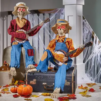 Анимированные скелеты-банджо на Хэллоуин, Украшения в виде черепа Гитариста на Хэллоуин, Скульптура со светящимися глазами, Светящиеся скелеты на Хэллоуин