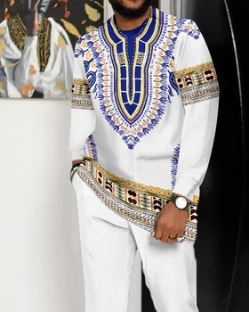 Африканская мужская одежда Традиционная одежда Дашики С длинными рукавами Комплект из 2 предметов Повседневная уличная одежда в стиле ретро в этническом стиле в стиле ретро