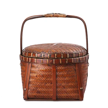 Бамбуковая корзина Бамбуковая корзина с крышкой и ручкой Контейнер для еды Винтажные изделия ручной работы из бамбукового дерева