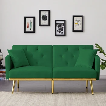 Бархатный диван-футон с Боковыми Подушками, Современный диван-кровать с Несколькими Регулируемыми Положениями, Раскладной Диванчик для Двоих, Зеленый