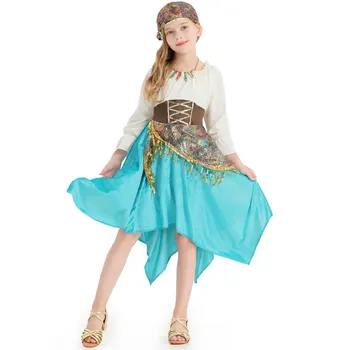 Богемное платье с пайетками для девочек, небесно-голубой нерегулярный танцевальный костюм для фламенко с длинным рукавом
