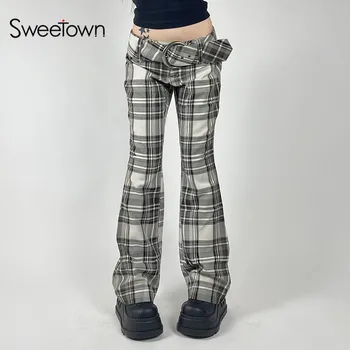 Брюки sweetown Sweet Girls в полоску и клетку Y2K, женская уличная одежда, повседневные прямые брюки с заниженной талией и ремнями