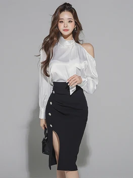 Весенне-осенний Корейский комплект из 2 предметов, Элегантная Повседневная Белая атласная Свободная Открытая рубашка, топы, юбка миди с высокой талией и разрезом, женская одежда для леди
