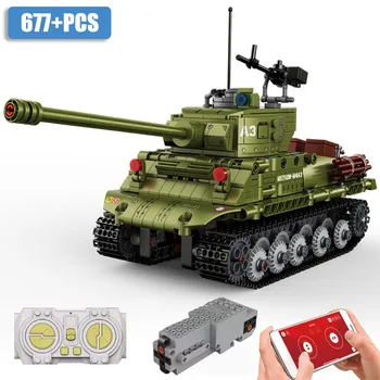 Военная серия WW2 677шт Модель танка M4A3 Sherman Строительные блоки MOC Танк с дистанционным управлением Оружейные Кирпичи Игрушки Для детей Подарки