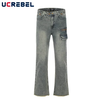 Выстиранные джинсовые брюки в стиле ретро, мужские уличные Потертые Свободные брюки-клеш с необработанным краем, мужские