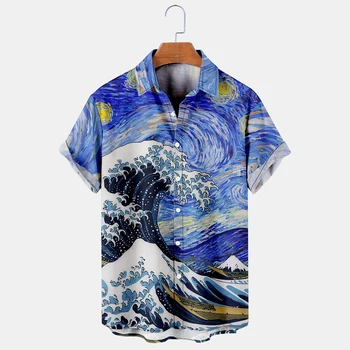 Гавайские рубашки Мужские для рубашек Summer the waves Модный принт 3D Короткие рукава Однобортный лацкан 2023 Рубашки оверсайз