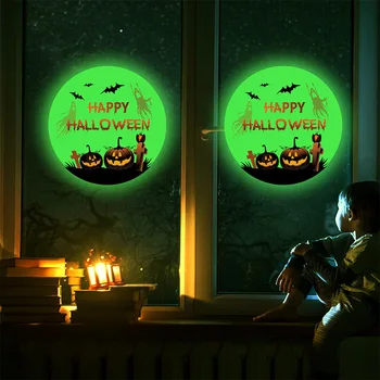 Декор для Хэллоуина с ночным свечением: люминесцентные наклейки в виде тыквы на окно и наклейки в виде летучей мыши на стену для украшения гостиной.