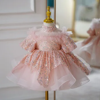 Детские платья для дня рождения с круглым вырезом и блестками, Милое сетчатое платье в стиле пэчворк с пышными рукавами для девочек в цветочек, бальное платье, многоуровневый халат принцессы