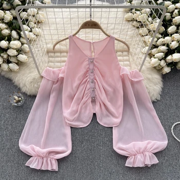 Женские сексуальные розовые шифоновые рубашки с V-образным вырезом в складках, Летние женские блузки с открытыми плечами, с оборками, с длинным рукавом, черно-белые короткие блузки, укороченный топ