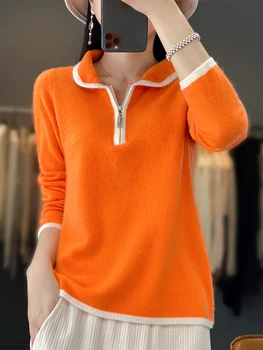 Женский пуловер с кукольным воротником, свитер из 100% шерсти мериноса, трикотажная рубашка с подкладкой, Корейская мода, осенне-зимняя одежда