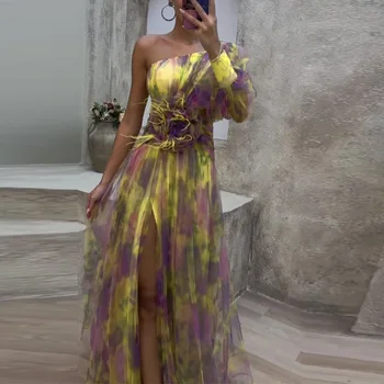Женское вечернее платье Классическое Элегантное, с одним плечом, свободное, с высоким разрезом, Сексуальное вечернее платье, Модный Женский длинный халат в стиле бохо с цветочным принтом
