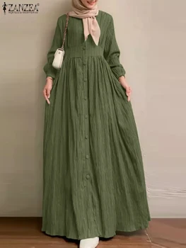 Женское винтажное мусульманское платье Макси с длинным рукавом ZANZEA 2023, Осенний Элегантный повседневный сарафан на пуговицах, Исламская одежда Дубая, Абая