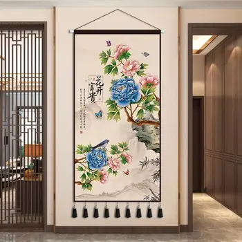 Картины в китайском стиле с прокруткой, Картина с пионом, декор гостиной, Эстетическое украшение дома, Настенный гобелен, плакат