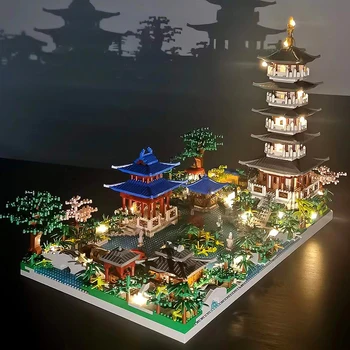 Китайская архитектура Микро Строительные блоки Модель Башня Западное озеро Деревья DIY Алмазные Кирпичи со световыми Игрушками для детей Подарок взрослым