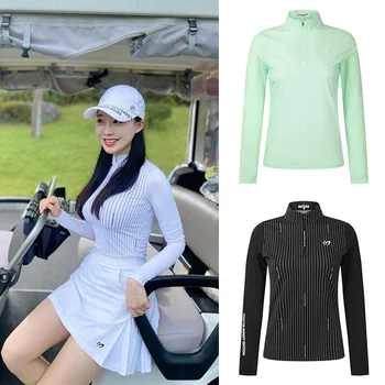 Корейский гольф, женская летняя новая толстовка с воротником-стойкой и принтом, Тонкая быстросохнущая футболка с длинным рукавом