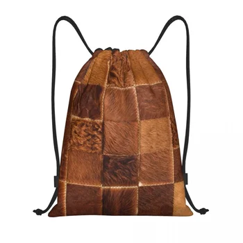 Коричневые клетчатые сумки из воловьей кожи с завязками, женские складные спортивные рюкзаки для спортзала, рюкзаки для покупок с текстурой кожи животных