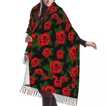 Красные розы с зелеными листьями, Зимний шарф, шали, женские, мужские теплые шарфы Bufanda с кисточками,