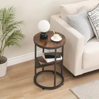 Круглый приставной столик с местом для хранения, Черный деревянный приставной столик с 3-ярусной полкой для хранения, Тумбочка для гостиной, диван в спальне
