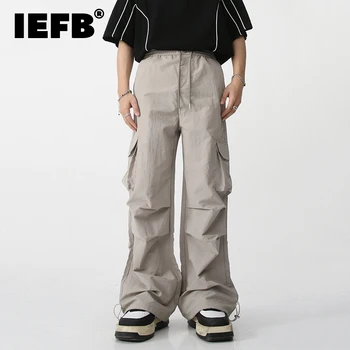 Летний мужской комбинезон IEFB, Однотонный эластичный пояс, Повседневные Свободные прямые брюки, Новый тренд, Мужская одежда с несколькими карманами 9A8000