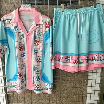 Летняя рубашка Casablanca, топы с короткими рукавами в клетку с принтом, синяя уличная повседневная праздничная гавайская рубашка для мужчин и женщин