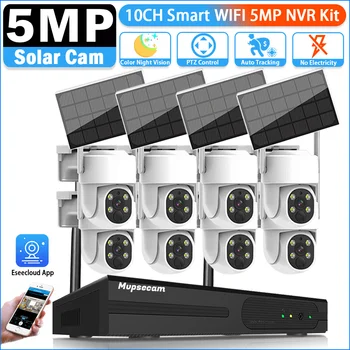 Маломощная 5-Мегапиксельная WiFi Система Камеры Видеонаблюдения 10-Канальный P2P WIFI NVR Комплект Наружного Автоматического Отслеживания CCTV Солнечная Камера Комплект Безопасности