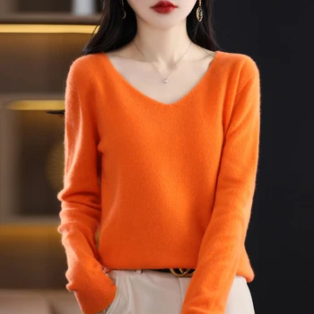 Мериносовая 100% шерсть, осенне-зимний новый женский однотонный теплый вязаный пуловер с V-образным вырезом и длинным рукавом, однотонный пуловер