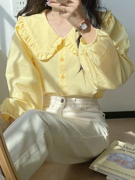 Милая женская желтая рубашка, Японская блузка с воротником 