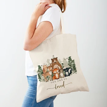 Милый Олень, Лиса, Медведь, Кролик, Сова, Коала, женские сумки для покупок, холщовая сумка для покупок с мультяшными животными, двусторонняя сумка-тоут для ребенка