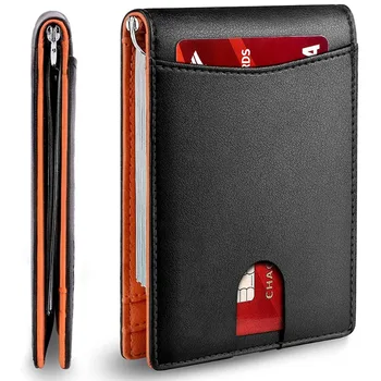 Минималистичный тонкий мужской кошелек с зажимом для денег, блокирующим RFID, передний карман, кожа