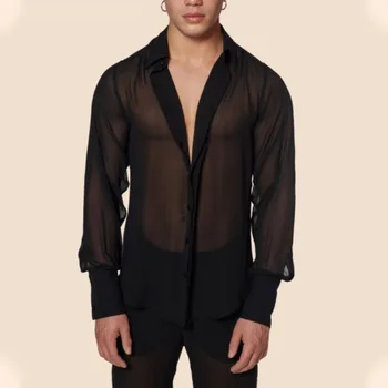 Мужская рубашка Wepbel, дышащий повседневный топ, костюм для ночного шоу, Летняя Черная тонкая рубашка, Прозрачные Мужские рубашки, топы с длинным рукавом