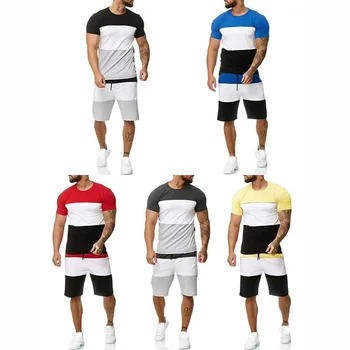 Мужская спортивная одежда, короткий костюм-двойка для бега трусцой, Комплекты из цветных блоков для мальчиков, Летние мужские спортивные костюмы для фитнеса Slim Fit
