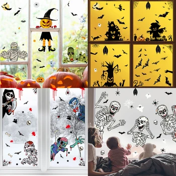 Наклейки на окна Happy Halloween, наклейки с изображением тыквы ужасов, черепа летучей мыши, наклейки, украшения для вечеринки в честь Хэллоуина для дома, реквизит для дома с привидениями