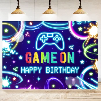 Неоновый игровой контроллер, черно-синий фон, детские принадлежности для вечеринки по случаю Дня рождения, баннер для украшения геймерской вечеринки