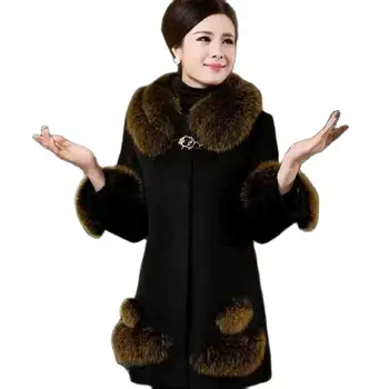 Новое шерстяное модное женское пальто 2023 Осень-зима OLersizeLady с меховым воротником средней длины, Свободный тонкий женский топ 6XL