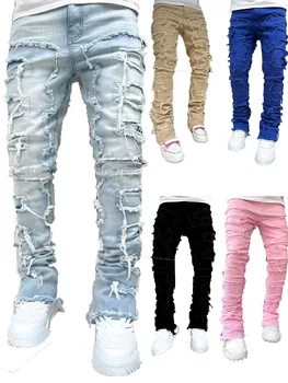 Новые мужские джинсовые брюки с прямыми штанинами, популярный тренд уличной моды в Европе и Америке, джинсовые брюки с эластичными вставками с прямыми штанинами